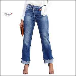 High Rise Crossover Boyfriend Jeans, Distressed Stretchy Denim Pants, Straight